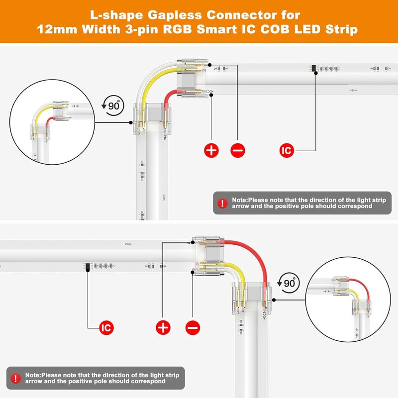 PAUTIX 12mm Connectors 8pcs L-Shaped/Corner Connectors,8pcs R-Shaped/Corner Connectors for 3-Pin RGB Smart IC COB LED Strip Lights,NOT for 10mm/8mm/5mm LED Tape Lights - Image 2